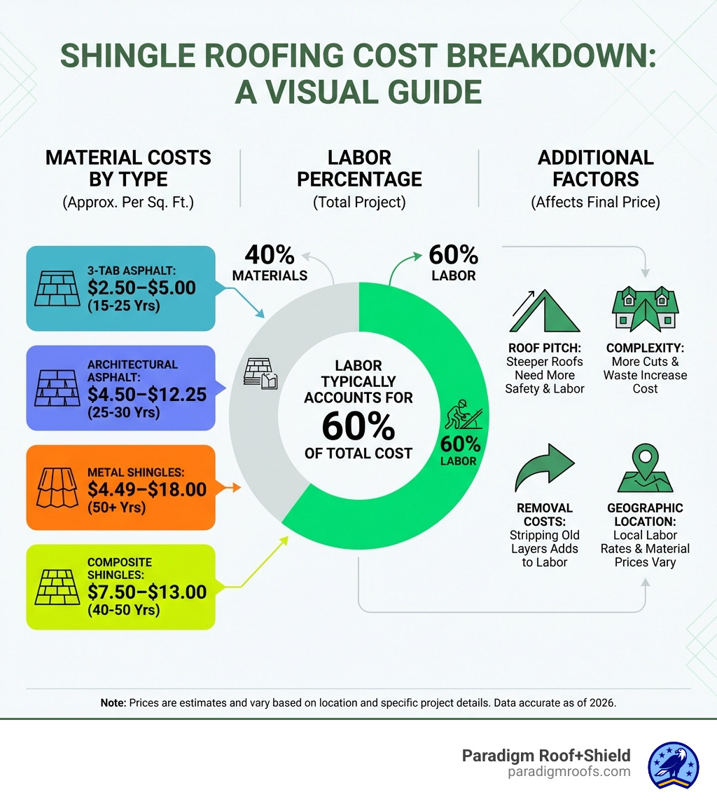 Infographic showing cost breakdown for shingle roofing: material costs by type (3-tab, architectural, metal, composite), labor percentage (60% of total), and additional factors including roof pitch, complexity, removal costs, and geographic location - shingles roofing sheet price infographic Infographic showing cost breakdown for shingle roofing: material costs by type (3-tab, architectural, metal, composite), labor percentage (60% of total), and additional factors including roof pitch, complexity, removal costs, and geographic location - shingles roofing sheet price infographic