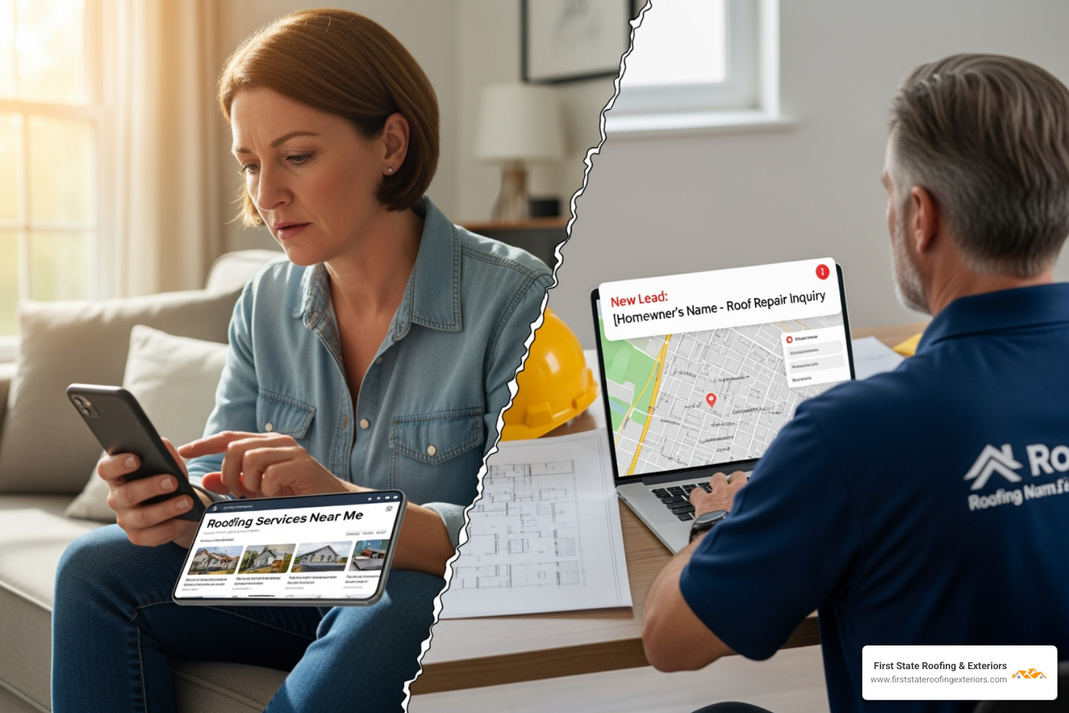 Homeowner searching for a roofer on a phone while a roofer receives a notification on a laptop - lead roofer near me