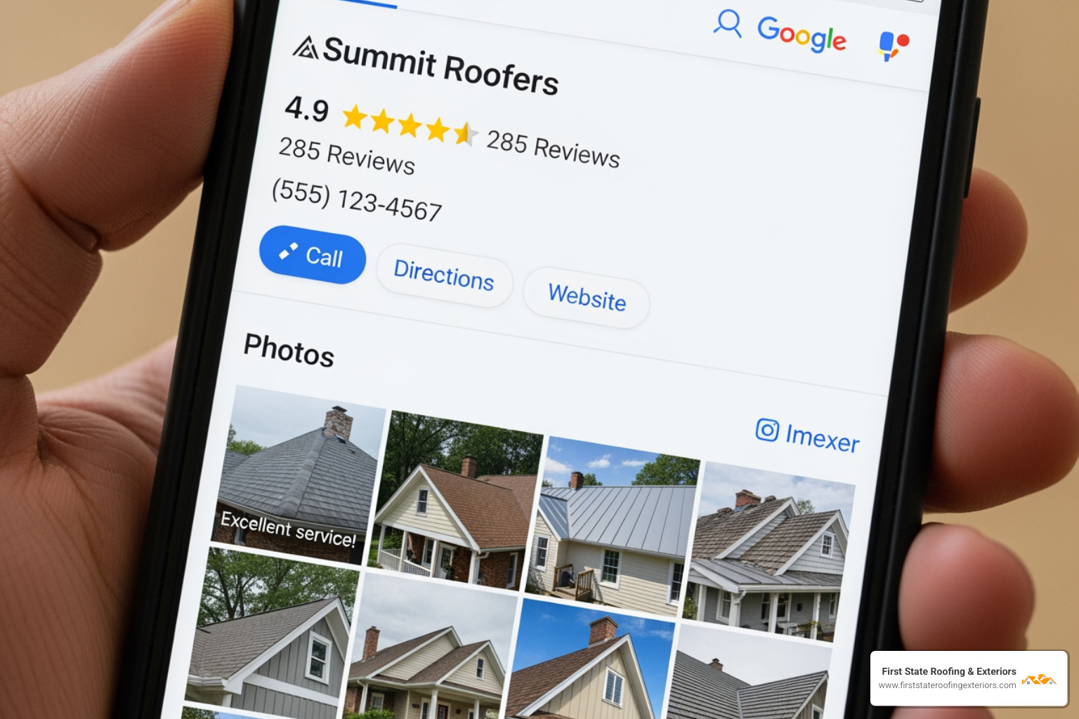 A smartphone displaying a well-optimized Google Business Profile for a roofing company, showing a high star rating, multiple positive reviews, clear contact information, and a gallery of completed projects. - lead roofer near me