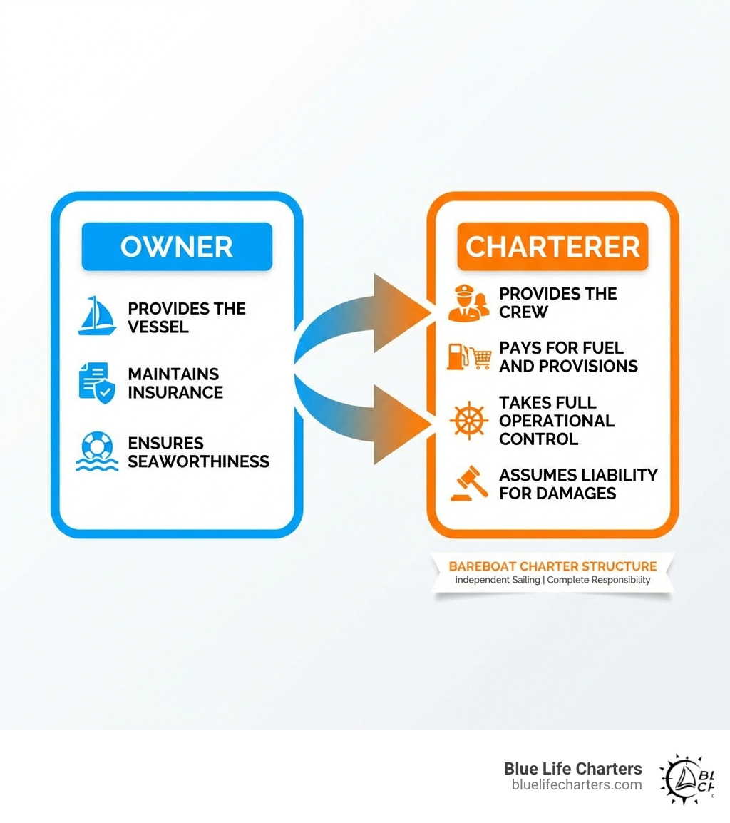 Infographic showing bareboat charter structure: Owner box with "Provides the vessel, Maintains insurance, Ensures seaworthiness" connected by arrows to Charterer box with "Provides the crew, Pays for fuel and provisions, Takes full operational control, Assumes liability for damages" - bareboat charter agreement infographic 