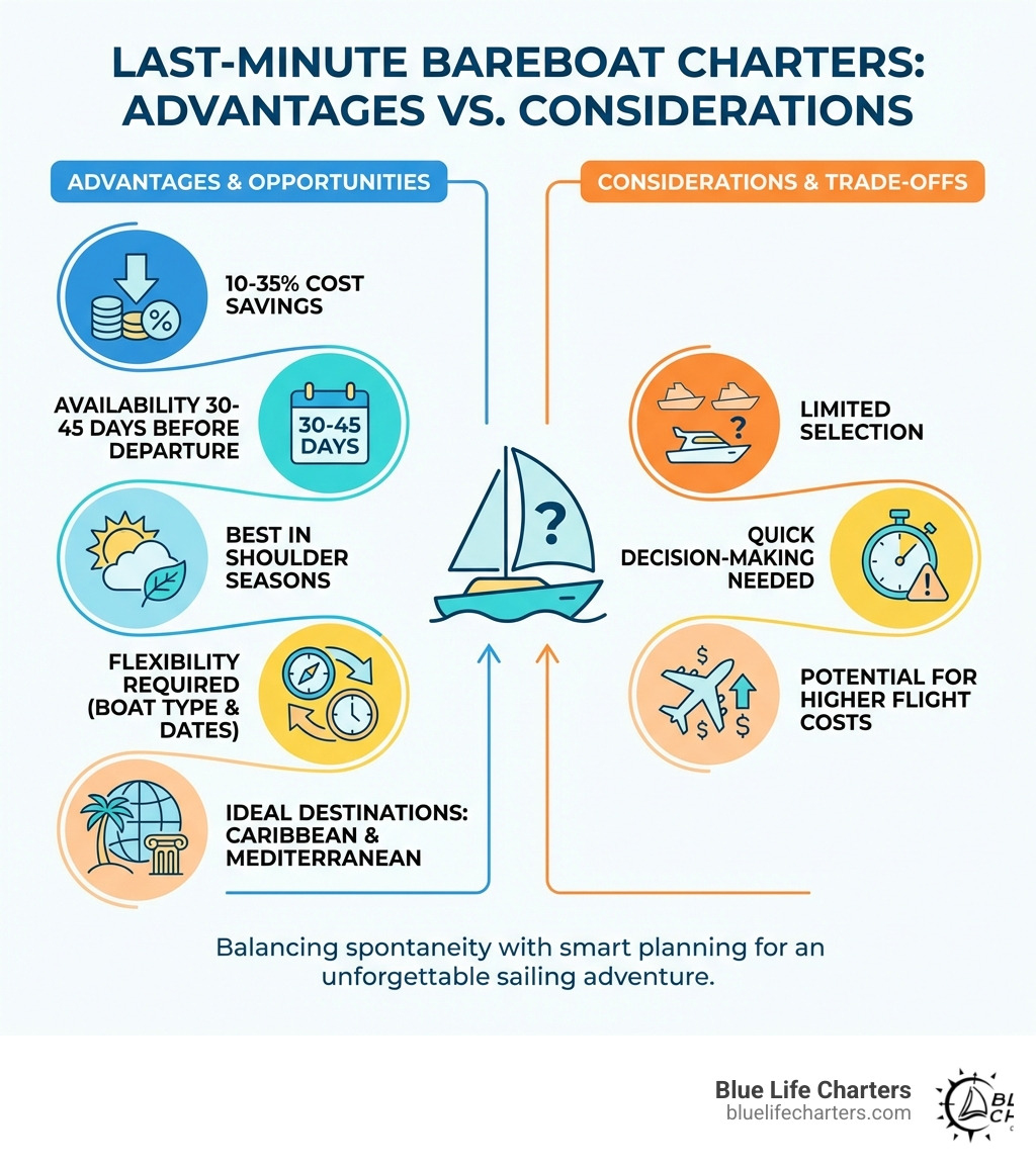 Infographic showing the key advantages of last-minute bareboat charters: 10-35% cost savings, availability 30-45 days before departure, best in shoulder seasons, flexibility required for boat type and dates, and ideal destinations including Caribbean and Mediterranean; balanced against considerations like limited selection, quick decision-making needed, and potential for higher flight costs - last minute bareboat charter infographic 