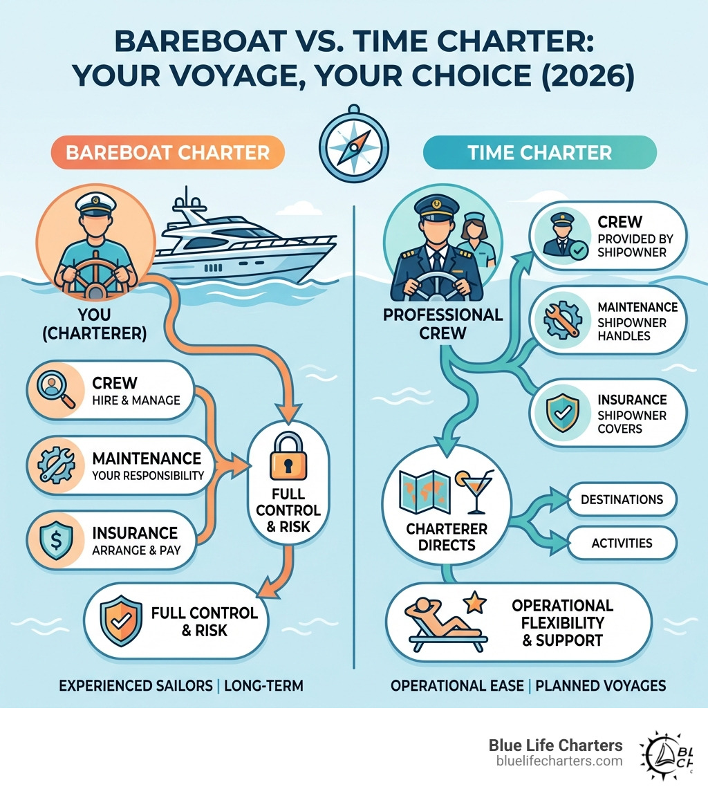 Infographic showing bareboat charter with charterer at helm managing crew, maintenance, and insurance versus time charter with professional crew provided by shipowner while charterer directs destinations and activities - bareboat charter vs time charter infographic 