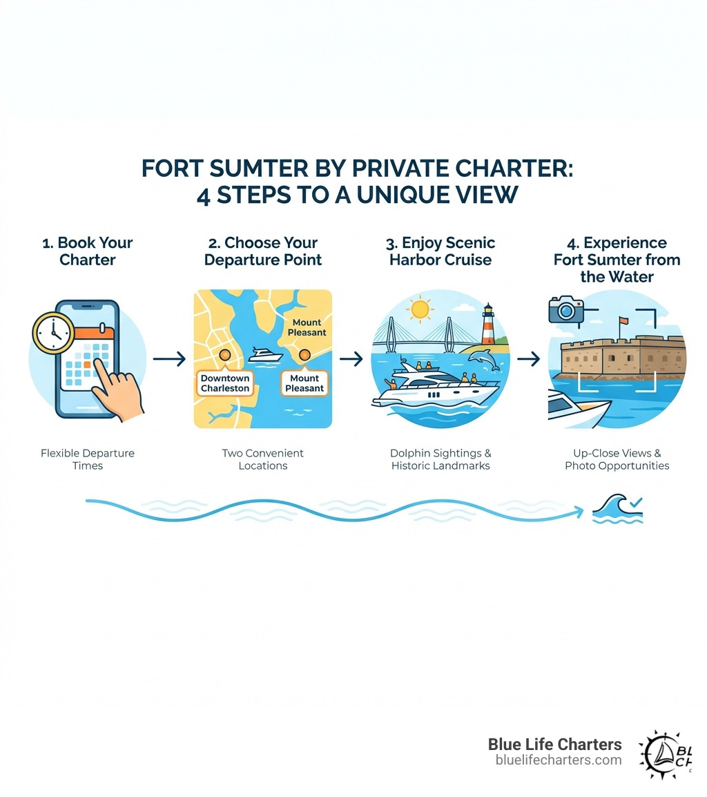 infographic showing four steps to visit Fort Sumter by private charter: 1. Book Your Charter with flexible departure times, 2. Choose Your Departure Point in downtown Charleston or Mount Pleasant, 3. Enjoy the Scenic 30-Minute Harbor Cruise with dolphin sightings and historic landmarks, 4. Experience Fort Sumter from the Water with up-close views and photo opportunities - charleston boat tours fort sumter infographic 