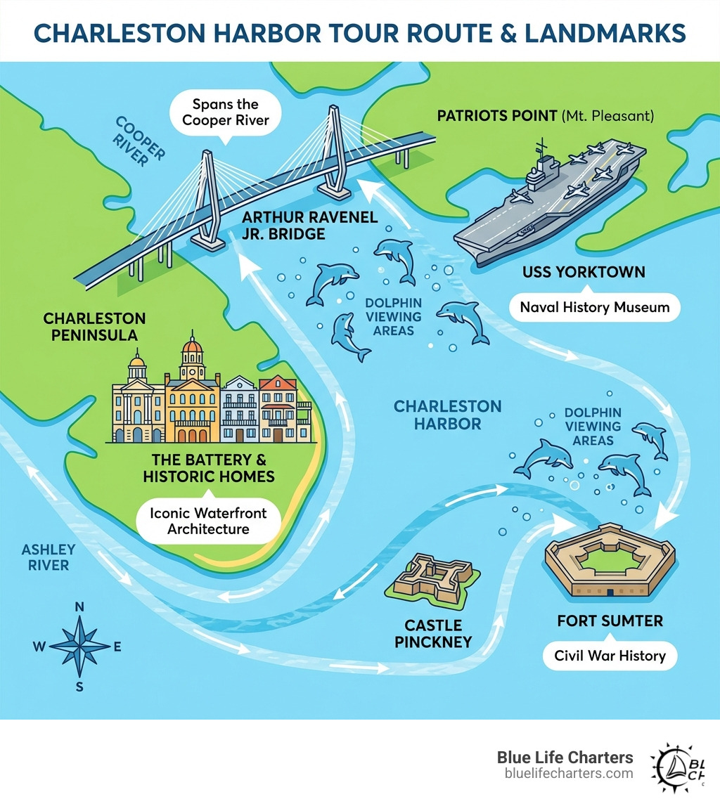 Infographic showing Charleston Harbor tour route with key landmarks including Fort Sumter at harbor entrance, USS Yorktown at Patriots Point, The Battery historic homes along waterfront, Arthur Ravenel Jr. Bridge spanning Cooper River, Castle Pinckney on island, and typical dolphin viewing areas marked in Charleston Harbor waters - charleston harbor tours infographic Infographic showing Charleston Harbor tour route with key landmarks including Fort Sumter at harbor entrance, USS Yorktown at Patriots Point, The Battery historic homes along waterfront, Arthur Ravenel Jr. Bridge spanning Cooper River, Castle Pinckney on island, and typical dolphin viewing areas marked in Charleston Harbor waters - charleston harbor tours infographic