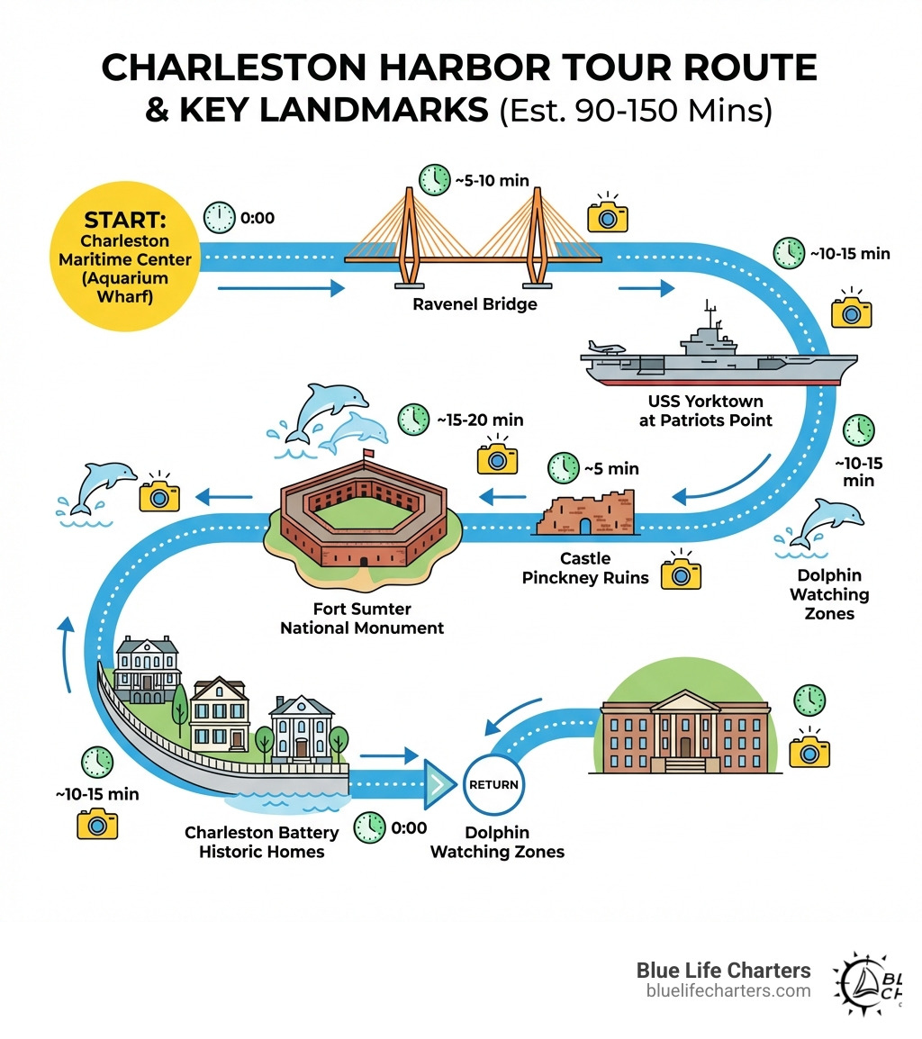 Infographic showing Charleston Harbor tour route with key landmarks: Starting from Charleston Maritime Center, passing Fort Sumter National Monument, Castle Pinckney ruins, USS Yorktown at Patriots Point, Charleston Battery historic homes, Ravenel Bridge, and dolphin watching zones, with estimated viewing times and photo opportunities marked at each location - harbor tours in charleston south carolina infographic Infographic showing Charleston Harbor tour route with key landmarks: Starting from Charleston Maritime Center, passing Fort Sumter National Monument, Castle Pinckney ruins, USS Yorktown at Patriots Point, Charleston Battery historic homes, Ravenel Bridge, and dolphin watching zones, with estimated viewing times and photo opportunities marked at each location - harbor tours in charleston south carolina infographic