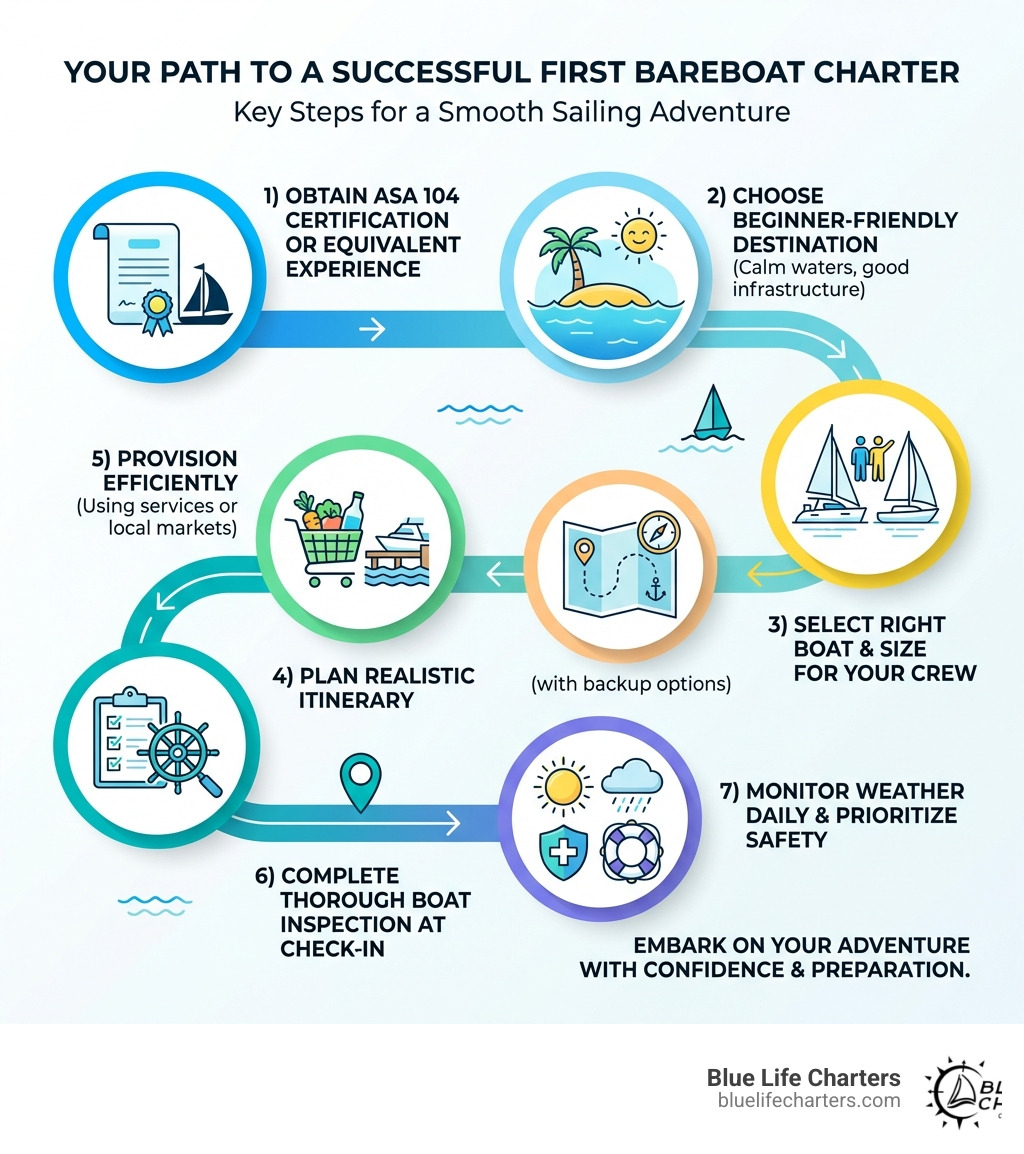 Infographic showing the key steps for a successful first bareboat charter: 1) Obtain ASA 104 certification or equivalent experience, 2) Choose a beginner-friendly destination with calm waters and good infrastructure, 3) Select the right boat type and size for your crew, 4) Plan a realistic itinerary with backup options, 5) Provision efficiently using services or local markets, 6) Complete a thorough boat inspection at check-in, 7) Monitor weather daily and prioritize safety - first time bareboat charter infographic 