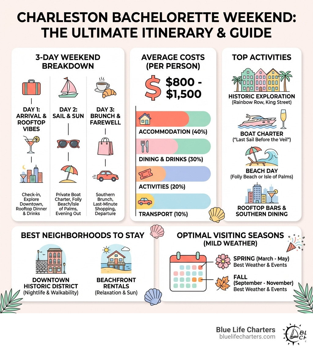 Charleston bachelorette itinerary infographic showing 3-day weekend breakdown with average costs, top activities including boat charter and rooftop bars, best neighborhoods to stay, and optimal visiting seasons - charleston bachelorette itinerary infographic 