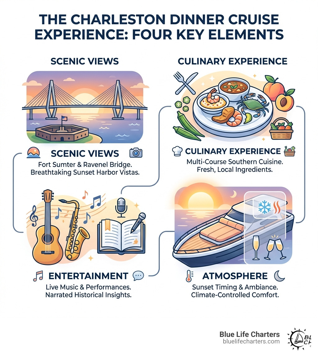 Infographic showing the four key elements of a Charleston dinner cruise experience: Scenic Views featuring Fort Sumter and Ravenel Bridge, Culinary Experience with multi-course Southern cuisine and fresh local ingredients, Entertainment including live music and narrated history, and Atmosphere with sunset timing and climate-controlled comfort - dinner cruise charleston infographic 