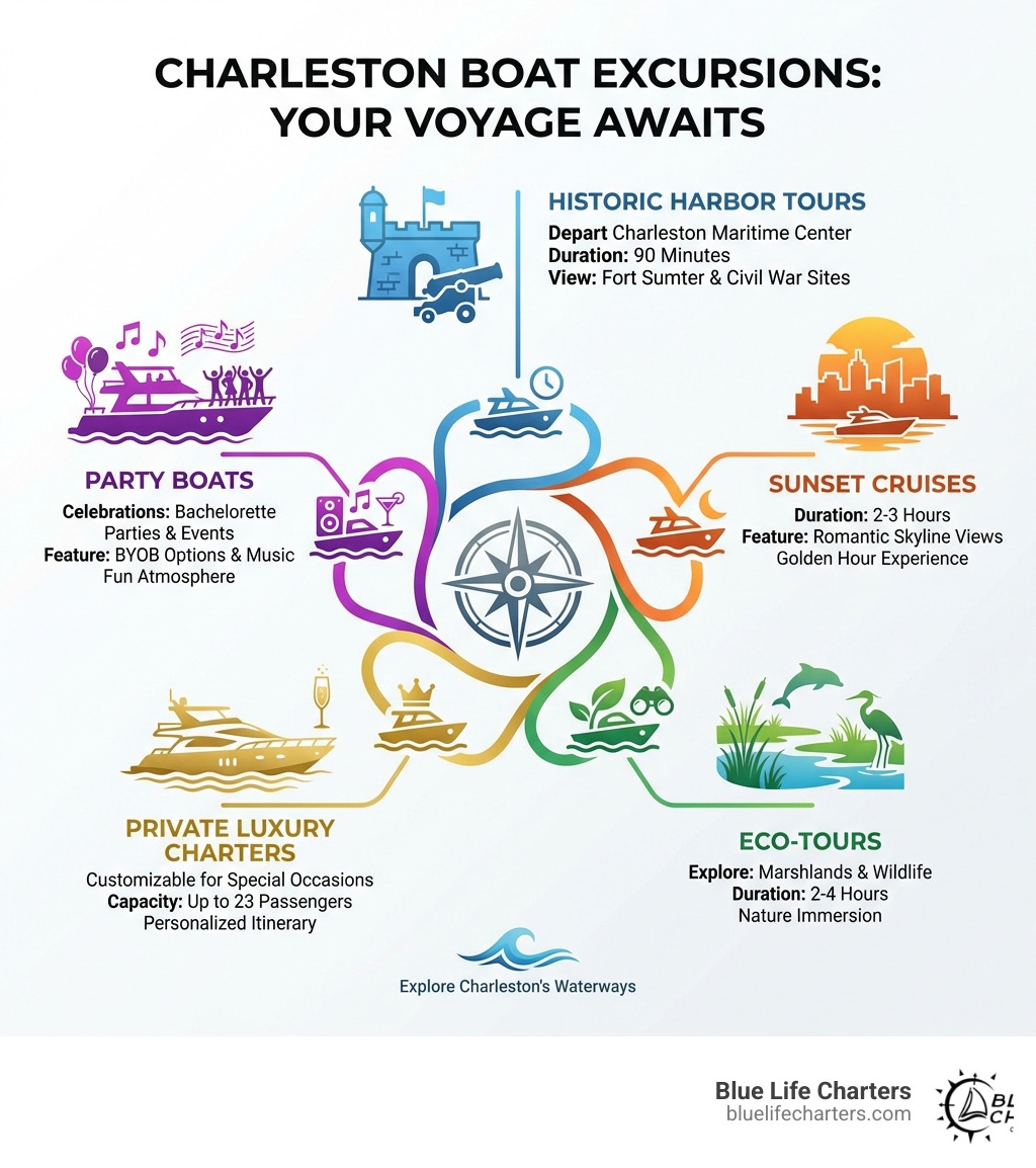 Infographic showing different types of Charleston boat excursions including historic harbor tours departing from Charleston Maritime Center for 90 minutes viewing Fort Sumter and Civil War sites, sunset cruises for 2-3 hours featuring romantic skyline views, eco-tours exploring marshlands and wildlife for 2-4 hours, private luxury charters customizable for special occasions with capacity up to 23 passengers, and party boats for celebrations like bachelorette parties with BYOB options and music - Charleston boat excursions infographic Infographic showing different types of Charleston boat excursions including historic harbor tours departing from Charleston Maritime Center for 90 minutes viewing Fort Sumter and Civil War sites, sunset cruises for 2-3 hours featuring romantic skyline views, eco-tours exploring marshlands and wildlife for 2-4 hours, private luxury charters customizable for special occasions with capacity up to 23 passengers, and party boats for celebrations like bachelorette parties with BYOB options and music - Charleston boat excursions infographic
