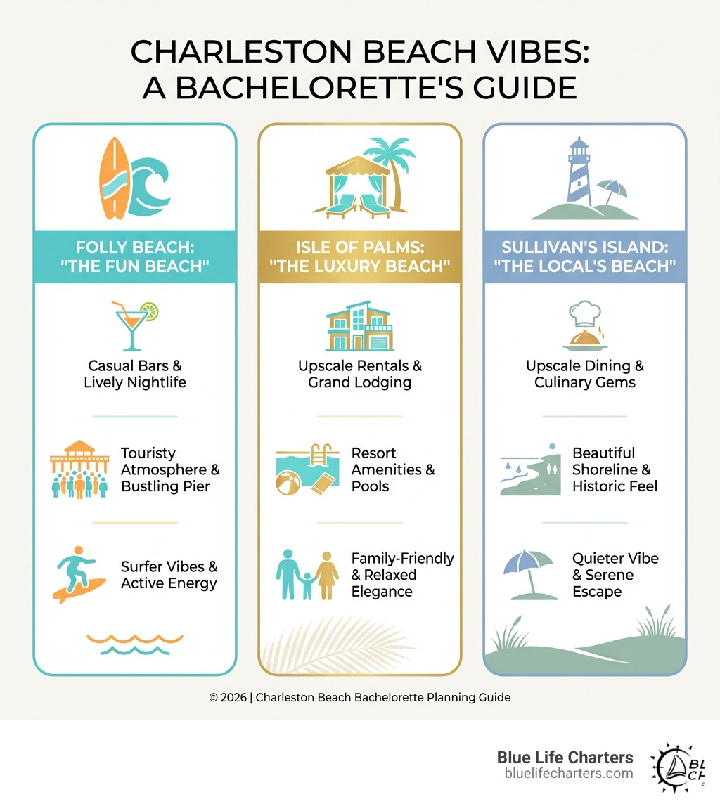 Infographic comparing Charleston's three main beaches: Folly Beach labeled as 'The Fun Beach' with surfer vibes, casual bars, and touristy atmosphere; Isle of Palms labeled as 'The Luxury Beach' with upscale rentals, resort amenities, and family-friendly pools; Sullivan's Island labeled as 'The Local's Beach' with quieter vibe, beautiful shoreline, and upscale dining options - charleston beach bachelorette party infographic 