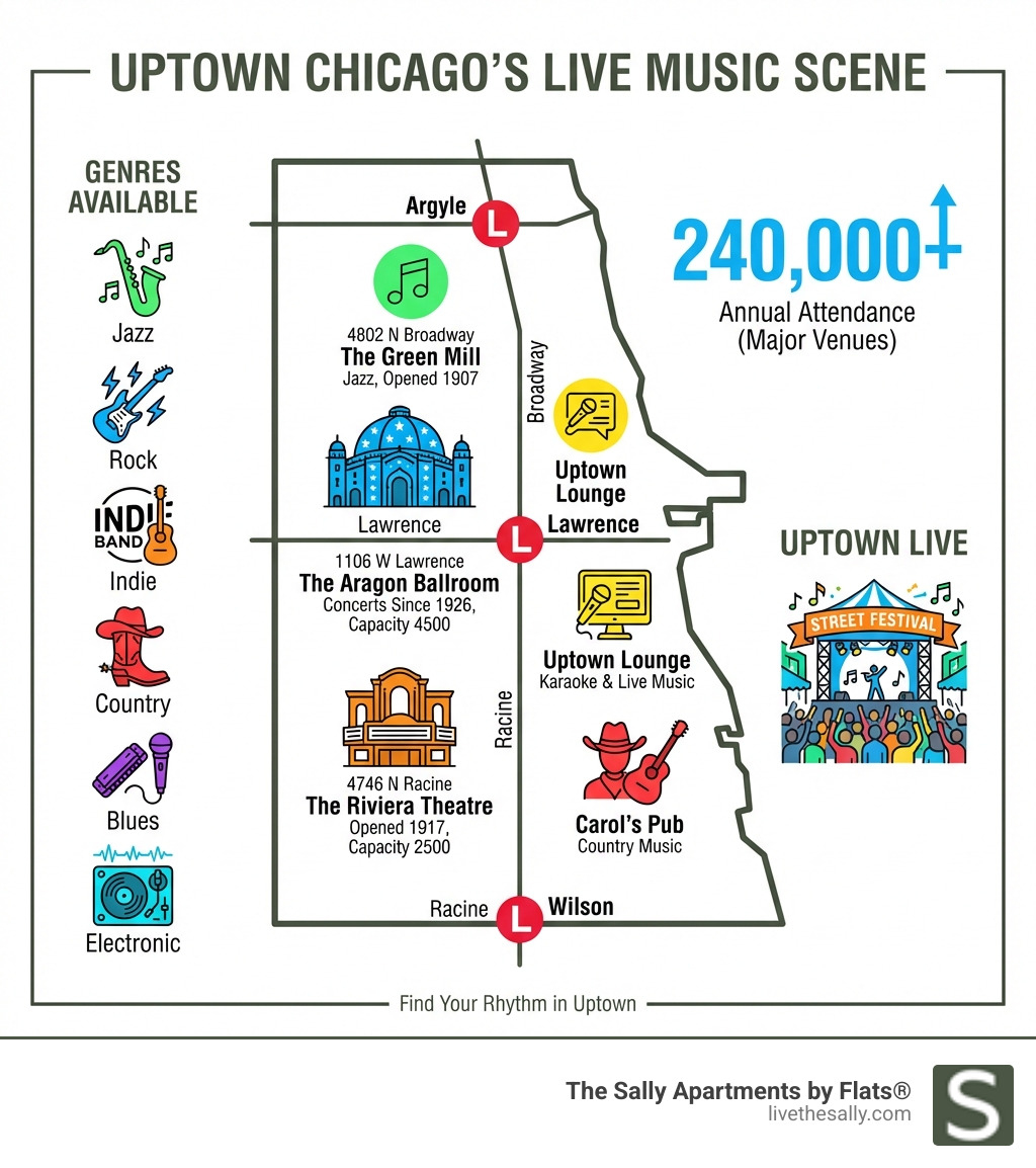 Infographic showing Uptown Chicago's live music scene: Map marking The Green Mill at 4802 N Broadway (jazz, opened 1907), The Aragon Ballroom at 1106 W Lawrence (concerts since 1926, capacity 4500), The Riviera Theatre at 4746 N Racine (opened 1917, capacity 2500), Uptown Lounge featuring karaoke and live music, and Carol's Pub for country music. Includes three CTA Red Line stops (Wilson, Lawrence, Argyle) and notes about genres available (jazz, rock, indie, country, blues, electronic). Shows annual attendance of 240,000+ visitors to major venues and highlights Uptown Live street festival. - live music uptown chicago infographic 