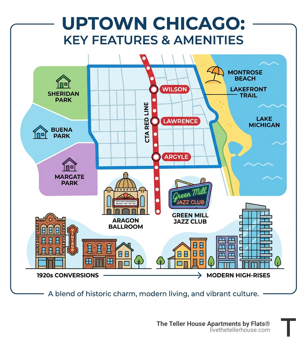 Infographic showing Uptown Chicago's key features: historic entertainment venues including Aragon Ballroom and Green Mill, three CTA Red Line stations (Wilson, Lawrence, Argyle), proximity to Montrose Beach and Lake Michigan, sub-neighborhoods (Buena Park, Sheridan Park, Margate Park), and a mix of building types from 1920s conversions to modern high-rises - Uptown Chicago apartment buildings infographic 