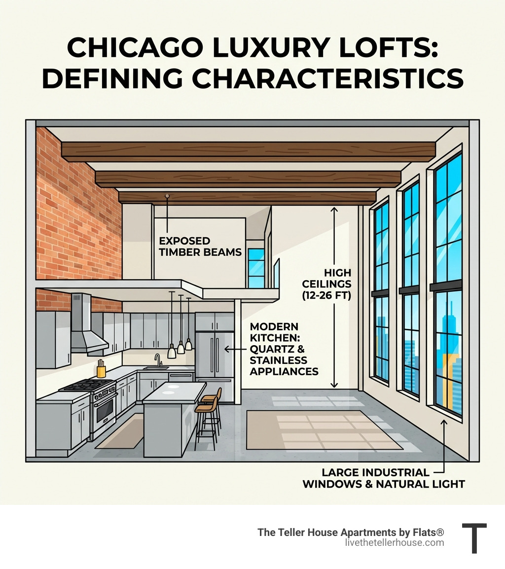 Infographic showing the defining characteristics of Chicago luxury lofts: a cross-section illustration displaying high ceilings with measurements, exposed brick walls, large industrial windows, open floor plan layout, timber beams, and modern kitchen fixtures with granite countertops and stainless appliances - luxury loft rentals chicago infographic 