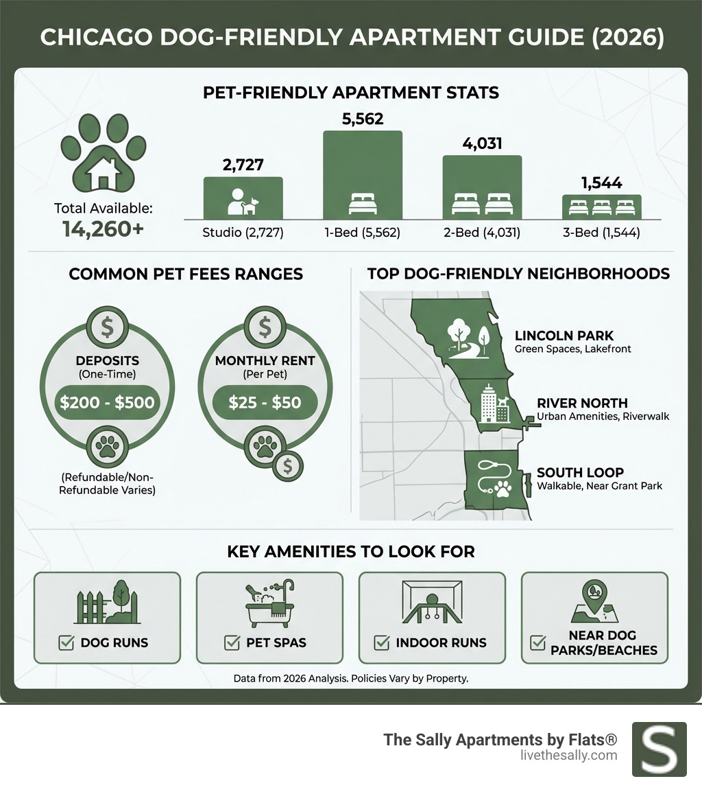 infographic showing chicago pet-friendly apartment statistics by bedroom type, common pet fees ranges including deposits and monthly rent, top neighborhoods for dog owners, and key amenities to look for such as dog runs and pet spas - dog friendly apartments in chicago il infographic 