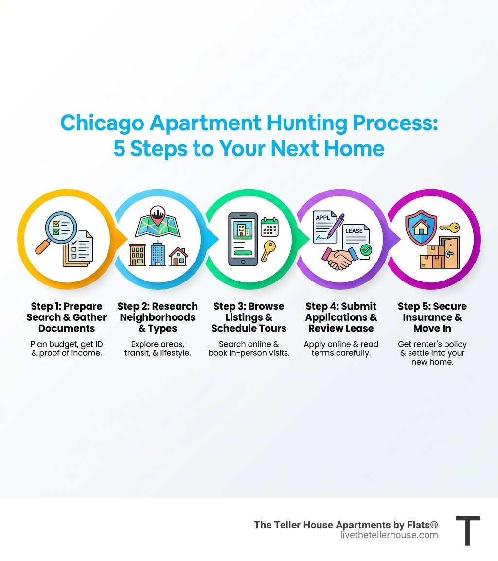 Infographic showing the Chicago apartment hunting process: Step 1 - Prepare your search and gather documents, Step 2 - Research neighborhoods and apartment types, Step 3 - Browse listings and schedule tours, Step 4 - Submit applications and review lease agreements, Step 5 - Secure renter's insurance and move in - Apartment hunting Chicago infographic 