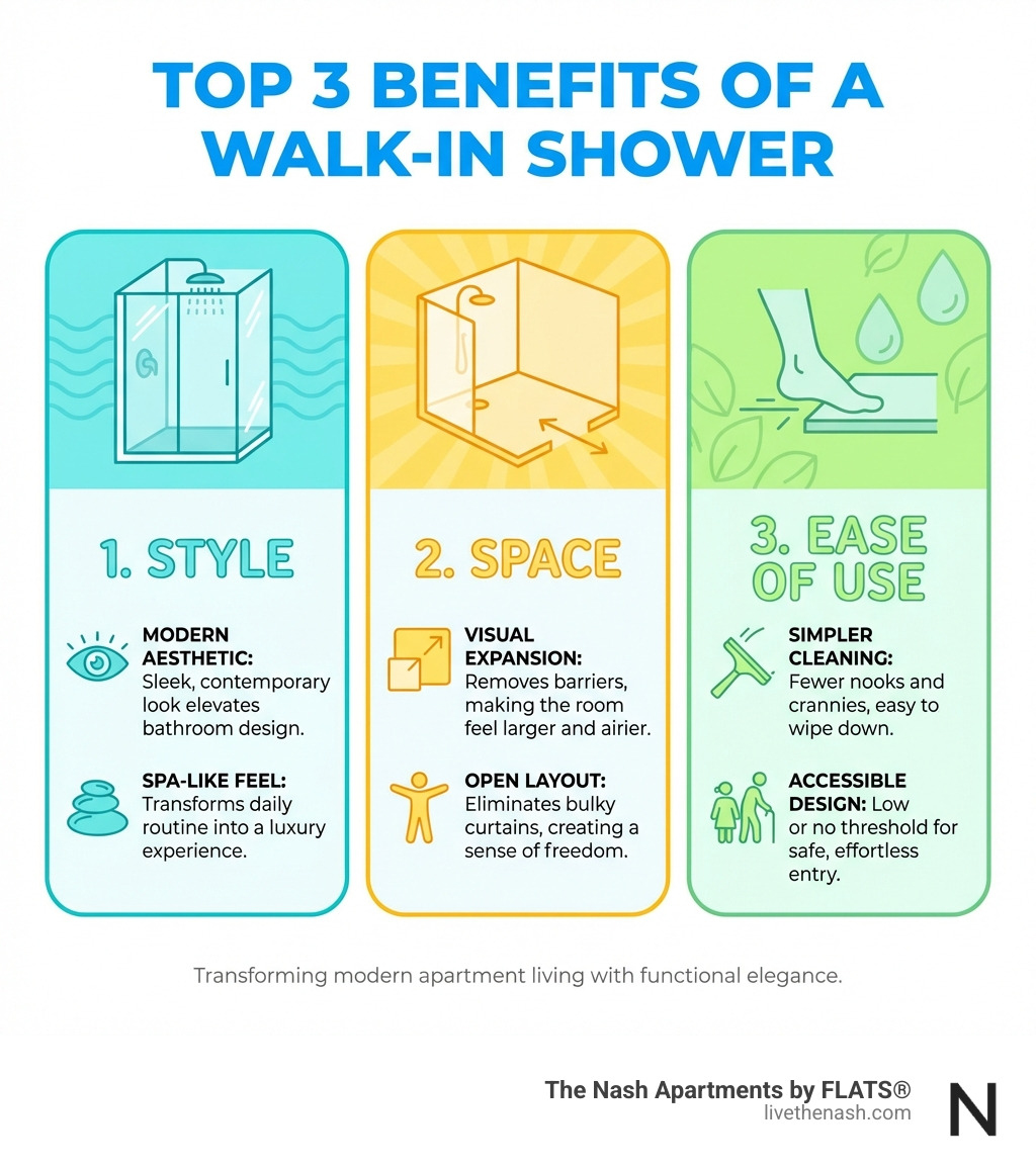 infographic explaining the top 3 benefits of a walk-in shower: Style, Space, and Ease of Use - apartments with walk in shower infographic 