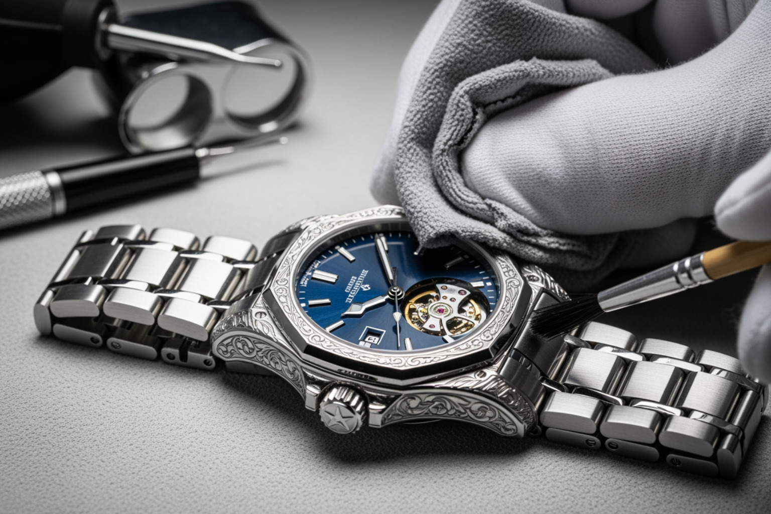 A watch being cleaned.