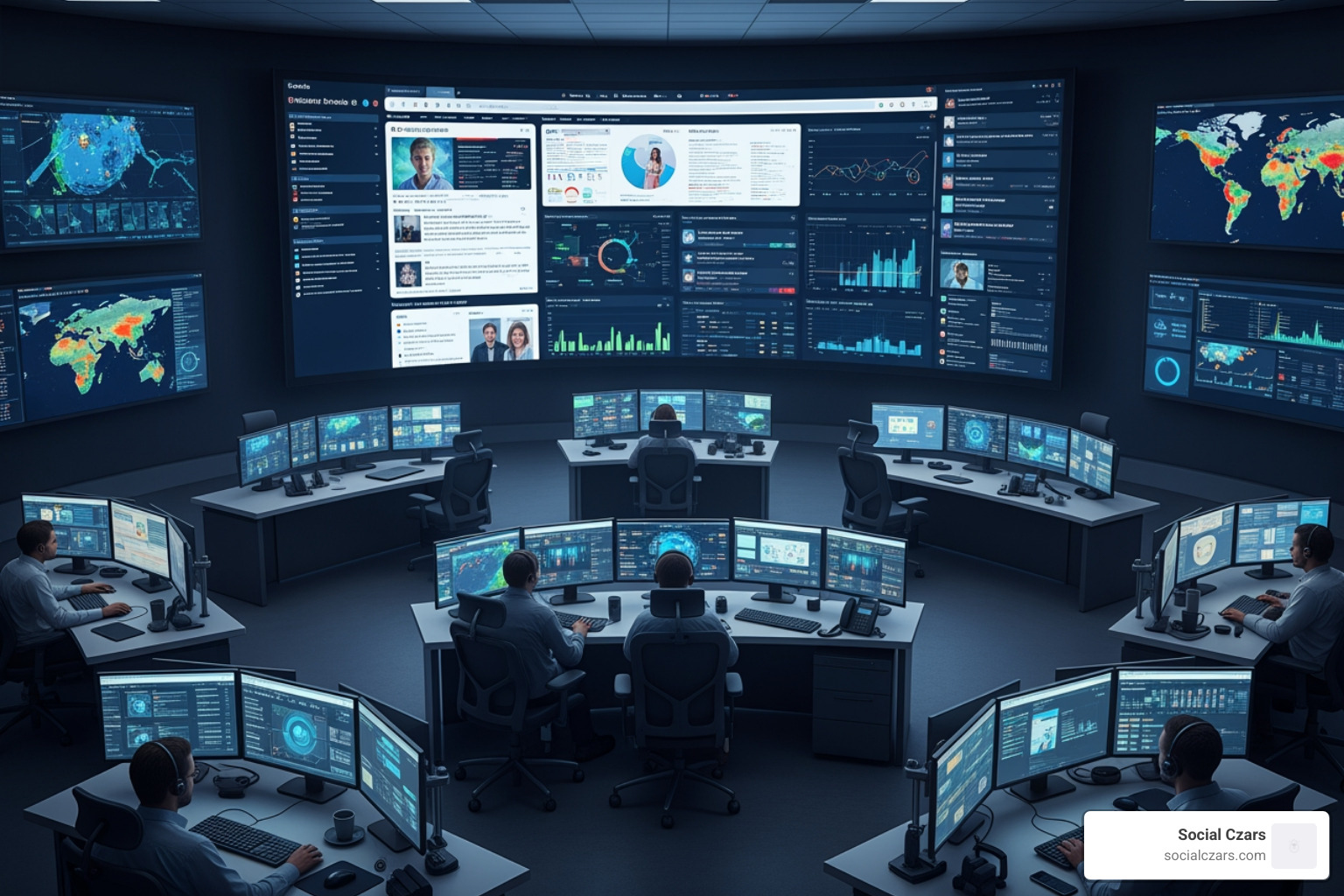 command center with screens showing search results and social media feeds - Crisis Communications: Crisis SEO for Politics
