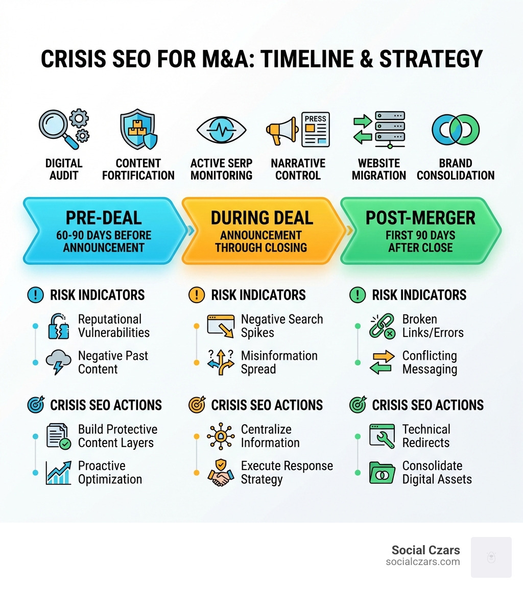 Infographic showing the M&A timeline with three phases: Pre-Deal (60-90 days before announcement showing digital audit and content fortification), During Deal (announcement through closing showing active SERP monitoring and narrative control), and Post-Merger (first 90 days after close showing website migration and brand consolidation). Each phase includes risk indicators and key Crisis SEO actions. - Crisis SEO for Mergers and Acquisitions infographic Infographic showing the M&A timeline with three phases: Pre-Deal (60-90 days before announcement showing digital audit and content fortification), During Deal (announcement through closing showing active SERP monitoring and narrative control), and Post-Merger (first 90 days after close showing website migration and brand consolidation). Each phase includes risk indicators and key Crisis SEO actions. - Crisis SEO for Mergers and Acquisitions infographic
