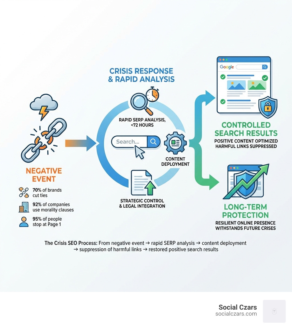 infographic showing the flow from negative event to crisis response to controlled search results - Crisis SEO for Celebrities infographic infographic showing the flow from negative event to crisis response to controlled search results - Crisis SEO for Celebrities infographic