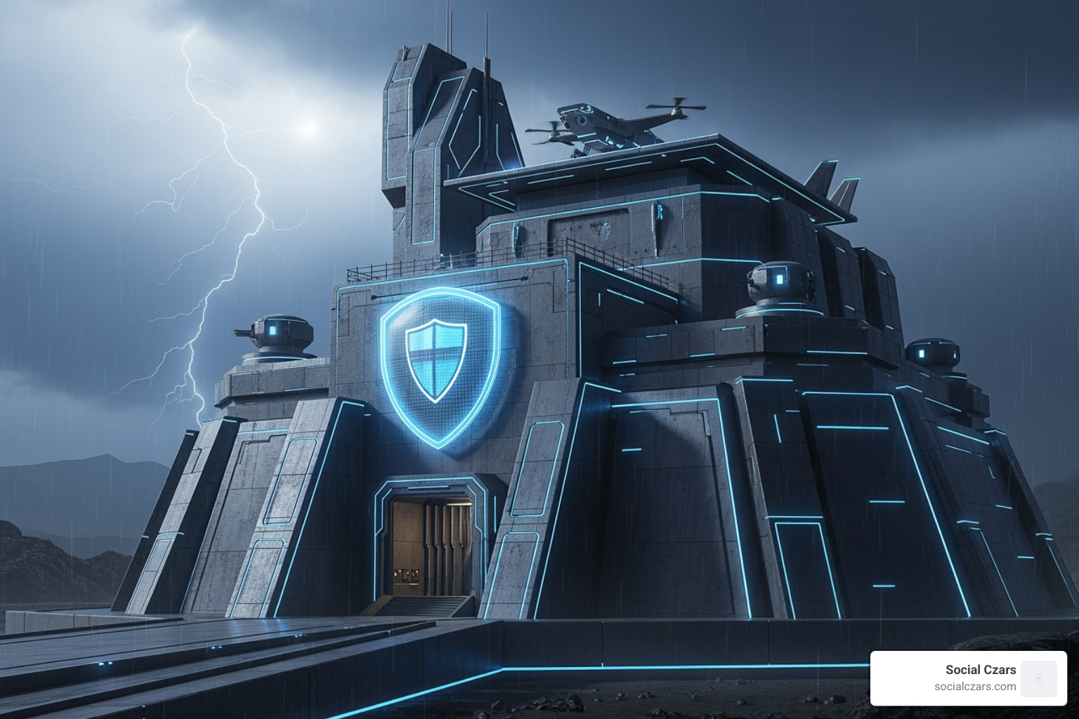 strong, modern fortress representing a well-prepared digital presence - Crisis SEO for PR Disasters
