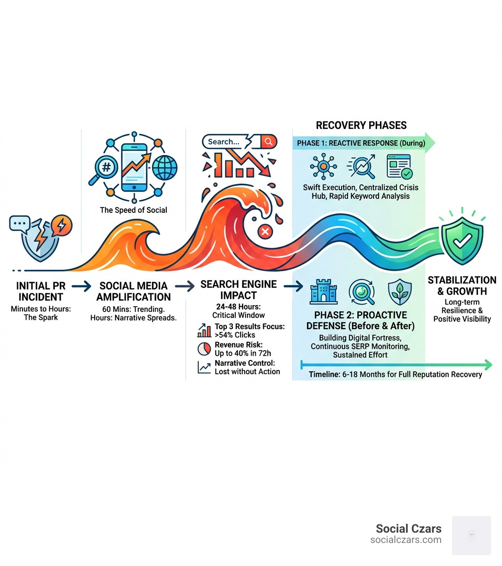 infographic showing the crisis SEO timeline from initial PR incident through social media amplification to search engine impact and recovery phases - Crisis SEO for PR Disasters infographic 