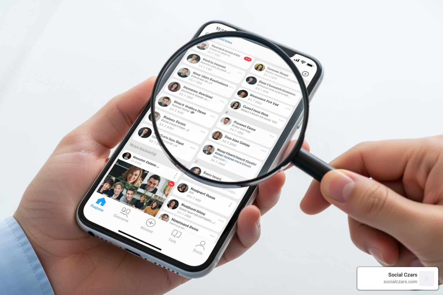 magnifying glass over a chaotic social media feed - Corporate Crisis SEO - An Overlooked Weapon in Crisis Communications