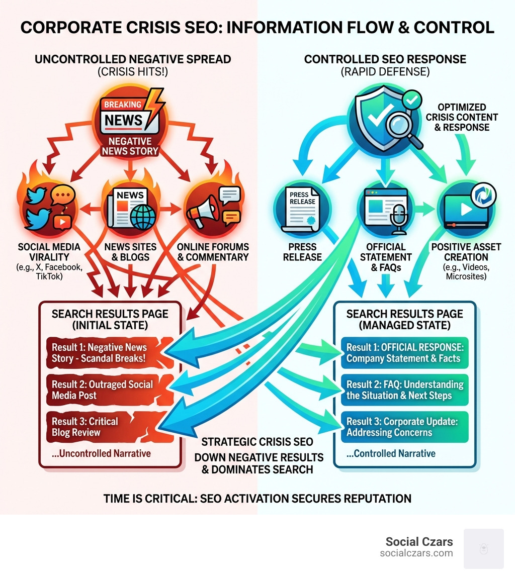 infographic showing the flow of information during a crisis, with a negative news story spreading across social media and news sites on the left side, and a controlled SEO response taking over the search results page on the right side, with arrows showing how optimized crisis content pushes down negative results - Corporate Crisis SEO - An Overlooked Weapon in Crisis Communications infographic 
