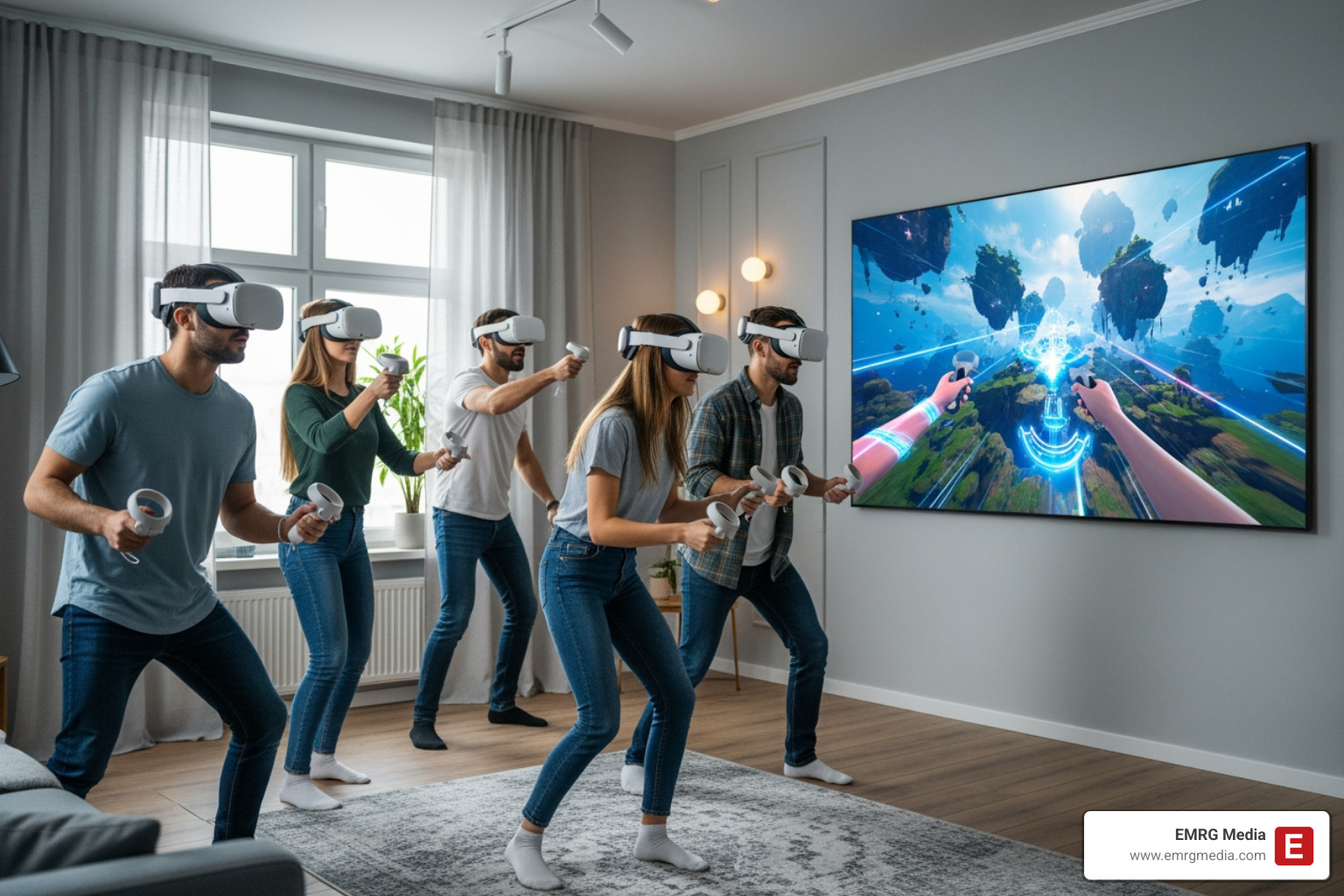 group of friends playing multiplayer VR game - Virtual reality entertainment group of friends playing multiplayer VR game - Virtual reality entertainment