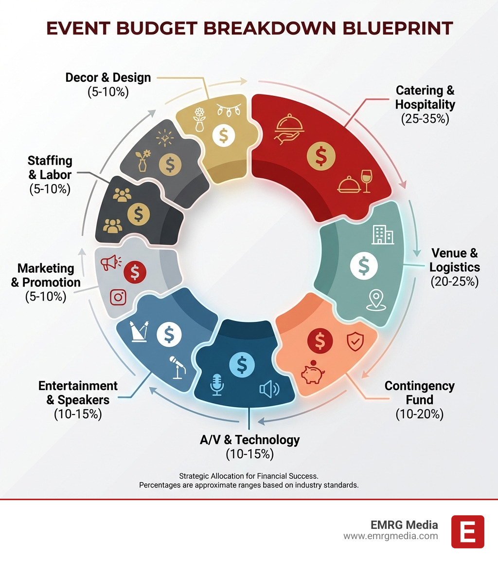 detailed infographic showing event budget breakdown with percentage allocations: venue and logistics 20-25 percent, catering and hospitality 25-35 percent, audio visual and technology 10-15 percent, marketing and promotion 5-10 percent, entertainment and speakers 10-15 percent, staffing and labor 5-10 percent, decor and design 5-10 percent, and contingency fund 10-20 percent, with dollar icons and visual indicators for each category - event planning cost breakdown infographic 