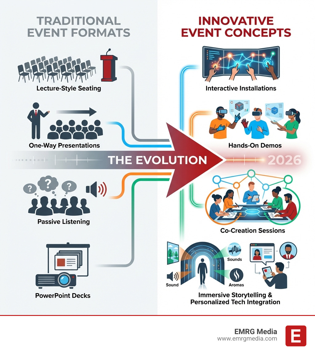 Infographic showing the evolution from traditional event formats to innovative concepts: Traditional side shows lecture-style seating, one-way presentations, passive listening, and PowerPoint decks; Innovative side shows interactive installations, hands-on demos, co-creation sessions, immersive storytelling, and personalized experiences with technology integration - Innovative event concepts infographic Infographic showing the evolution from traditional event formats to innovative concepts: Traditional side shows lecture-style seating, one-way presentations, passive listening, and PowerPoint decks; Innovative side shows interactive installations, hands-on demos, co-creation sessions, immersive storytelling, and personalized experiences with technology integration - Innovative event concepts infographic