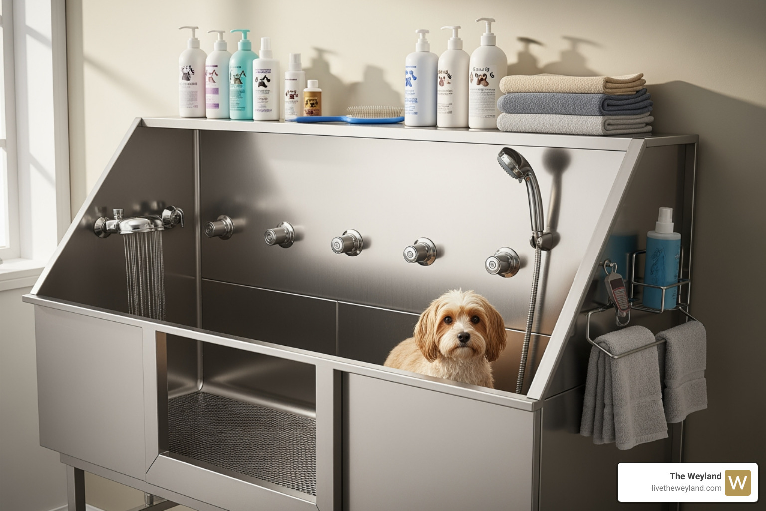 Stainless steel pet wash station with multiple nozzles and supplies - Pet wash station Stainless steel pet wash station with multiple nozzles and supplies - Pet wash station