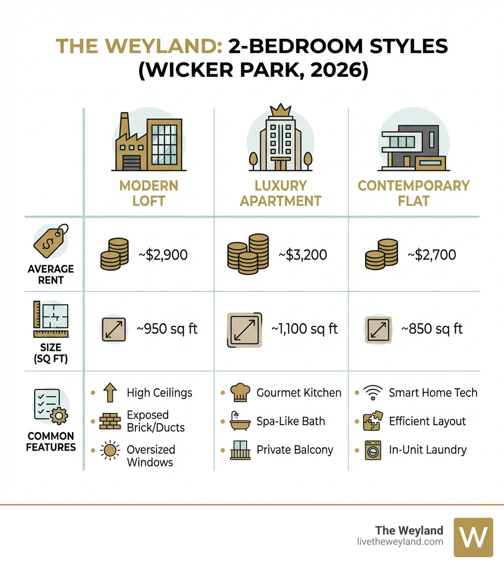 A table comparing different styles of 2-bedroom apartments available at The Weyland, including Modern Loft, Luxury Apartment, and Contemporary Flat, detailing average rent, size, and common features - 2 bedroom Wicker Park infographic A table comparing different styles of 2-bedroom apartments available at The Weyland, including Modern Loft, Luxury Apartment, and Contemporary Flat, detailing average rent, size, and common features - 2 bedroom Wicker Park infographic