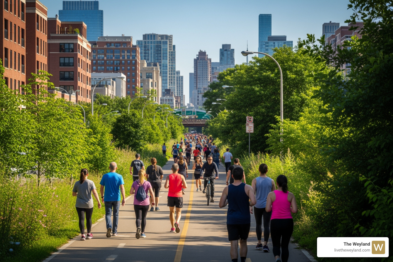 people enjoying The 606 trail - luxury apartments in wicker park