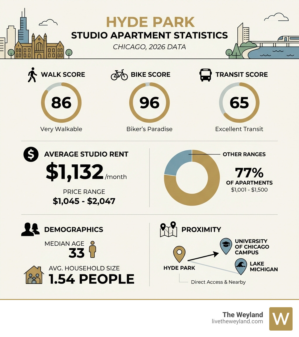 Infographic showing Hyde Park studio apartment statistics: Walk Score 86 out of 100, Bike Score 96 out of 100, Transit Score 65 out of 100, Average Studio Rent $1,132 per month, Price Range $1,045-$2,047, 77% of apartments rent for $1,001-$1,500, Median Age 33, Average Household Size 1.54 people, and proximity to University of Chicago campus and Lake Michigan - studio apartments hyde park chicago infographic Infographic showing Hyde Park studio apartment statistics: Walk Score 86 out of 100, Bike Score 96 out of 100, Transit Score 65 out of 100, Average Studio Rent $1,132 per month, Price Range $1,045-$2,047, 77% of apartments rent for $1,001-$1,500, Median Age 33, Average Household Size 1.54 people, and proximity to University of Chicago campus and Lake Michigan - studio apartments hyde park chicago infographic