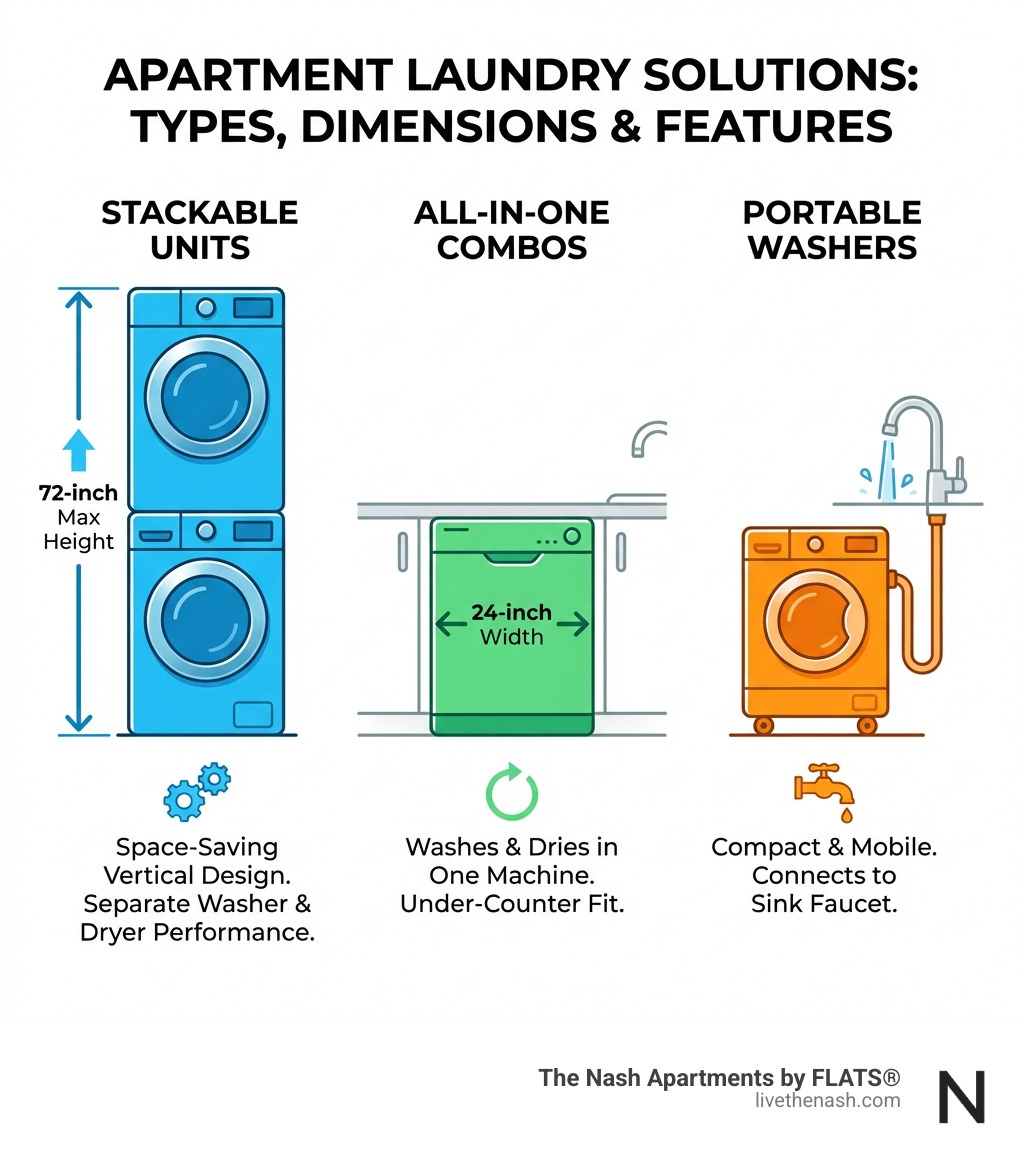 infographic showing three types of apartment laundry solutions with dimensions and key features: stackable units shown vertically with 72-inch maximum height, all-in-one combo shown as dishwasher-sized unit with 24-inch width, and portable washer shown connecting to sink faucet with wheels for mobility - washer dryer apartments infographic 