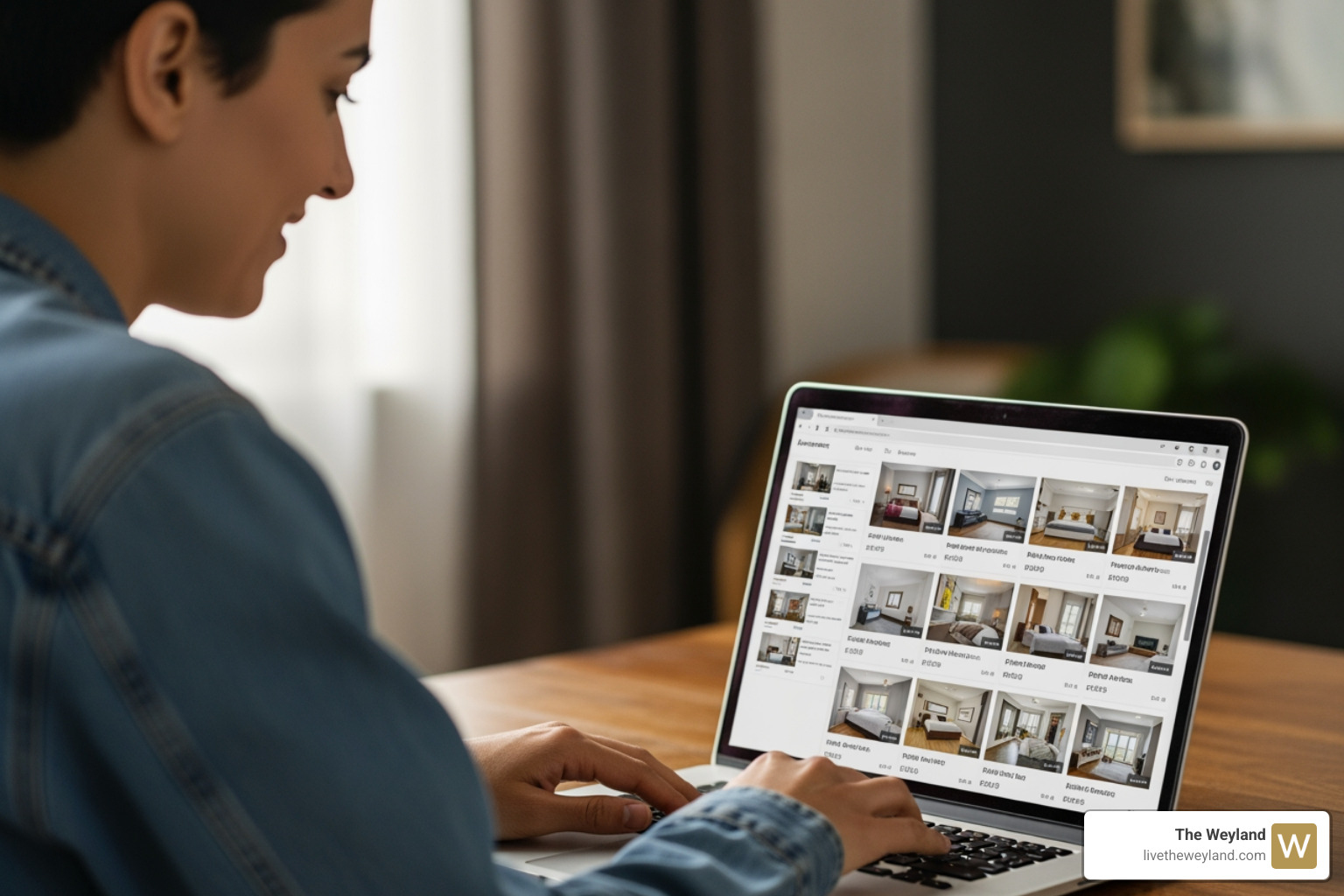 Person using a laptop to browse apartment listings with a focused, happy expression - apartments for rent chicago Person using a laptop to browse apartment listings with a focused, happy expression - apartments for rent chicago