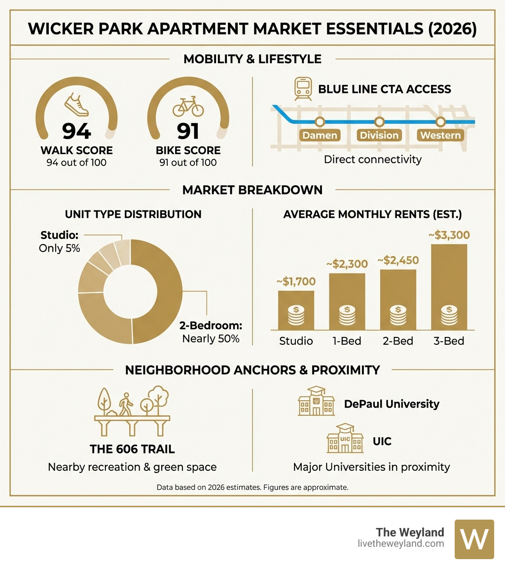 Infographic showing Wicker Park key statistics: Walk Score 94 out of 100, Bike Score 91 out of 100, average studio rent approximately $1,700 per month, average 1-bedroom rent approximately $2,300 per month, average 2-bedroom rent approximately $2,450 per month, average 3-bedroom rent approximately $3,300 per month, Blue Line CTA access via Damen Division and Western stops, most common unit type is 2-bedroom at nearly 50 percent of market, studio apartments only 5 percent of available rentals, proximity to The 606 Trail and major universities including DePaul and UIC - Apartments Wicker Park Chicago infographic Infographic showing Wicker Park key statistics: Walk Score 94 out of 100, Bike Score 91 out of 100, average studio rent approximately $1,700 per month, average 1-bedroom rent approximately $2,300 per month, average 2-bedroom rent approximately $2,450 per month, average 3-bedroom rent approximately $3,300 per month, Blue Line CTA access via Damen Division and Western stops, most common unit type is 2-bedroom at nearly 50 percent of market, studio apartments only 5 percent of available rentals, proximity to The 606 Trail and major universities including DePaul and UIC - Apartments Wicker Park Chicago infographic