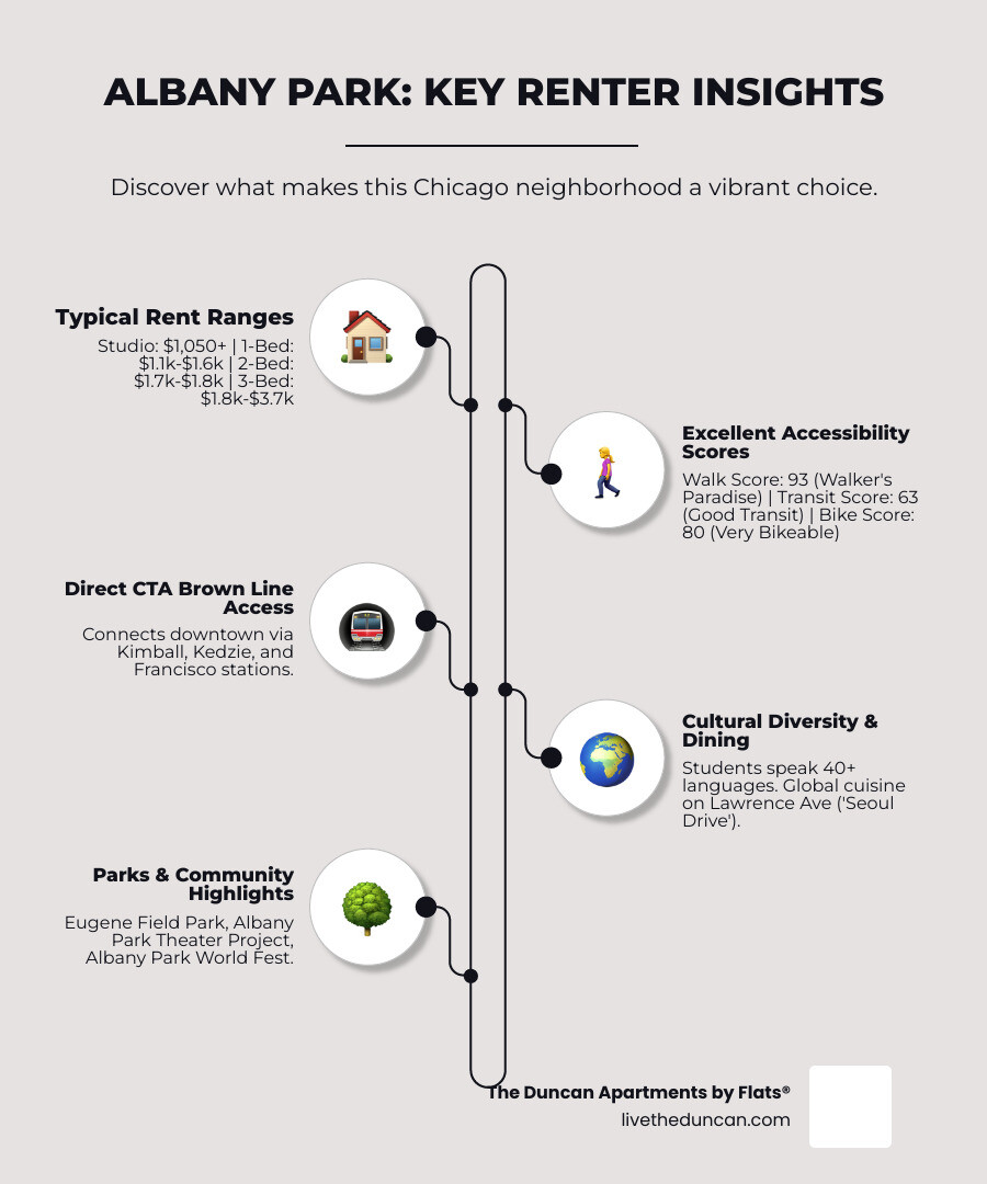 Infographic showing Albany Park rental statistics: Walk Score 93 (Walker's Paradise), Transit Score 63 (Good Transit), Bike Score 80 (Very Bikeable); Key transit: CTA Brown Line Kimball, Kedzie, Francisco stations; Neighborhood highlights: 40+ languages spoken, Lawrence Avenue 'Seoul Drive' dining, Eugene Field Park, Albany Park Theater Project - albany park apartment for rent infographic infographic-line-5-steps-elegant_beige