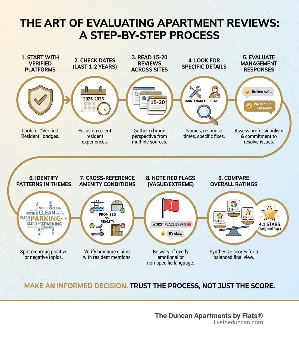 Infographic showing the complete process of evaluating apartment community reviews: Start with verified review platforms, check review dates within last 1-2 years, read 15-20 reviews across multiple sites, look for specific details about maintenance and staff, evaluate management responses to complaints, identify patterns in feedback themes, cross-reference amenity conditions mentioned, note red flags like vague or extreme language, and compare overall ratings across platforms - Apartment community reviews infographic Infographic showing the complete process of evaluating apartment community reviews: Start with verified review platforms, check review dates within last 1-2 years, read 15-20 reviews across multiple sites, look for specific details about maintenance and staff, evaluate management responses to complaints, identify patterns in feedback themes, cross-reference amenity conditions mentioned, note red flags like vague or extreme language, and compare overall ratings across platforms - Apartment community reviews infographic