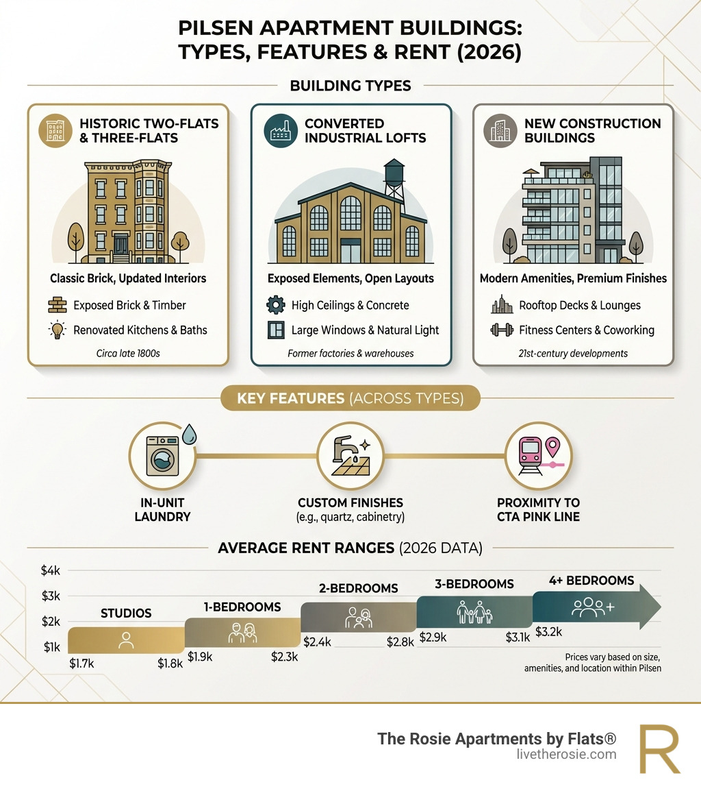 Infographic showing Pilsen apartment building types: Historic Two-Flats and Three-Flats featuring classic brick and updated interiors; Converted Industrial Lofts with exposed elements and open layouts; New Construction Buildings offering modern amenities like rooftop decks and fitness centers; Average rent ranges from studios at $1.7k-$1.8k to 4+ bedrooms at $3.2k; Key features include in-unit laundry, custom finishes, and proximity to CTA Pink Line - Pilsen apartment buildings infographic 