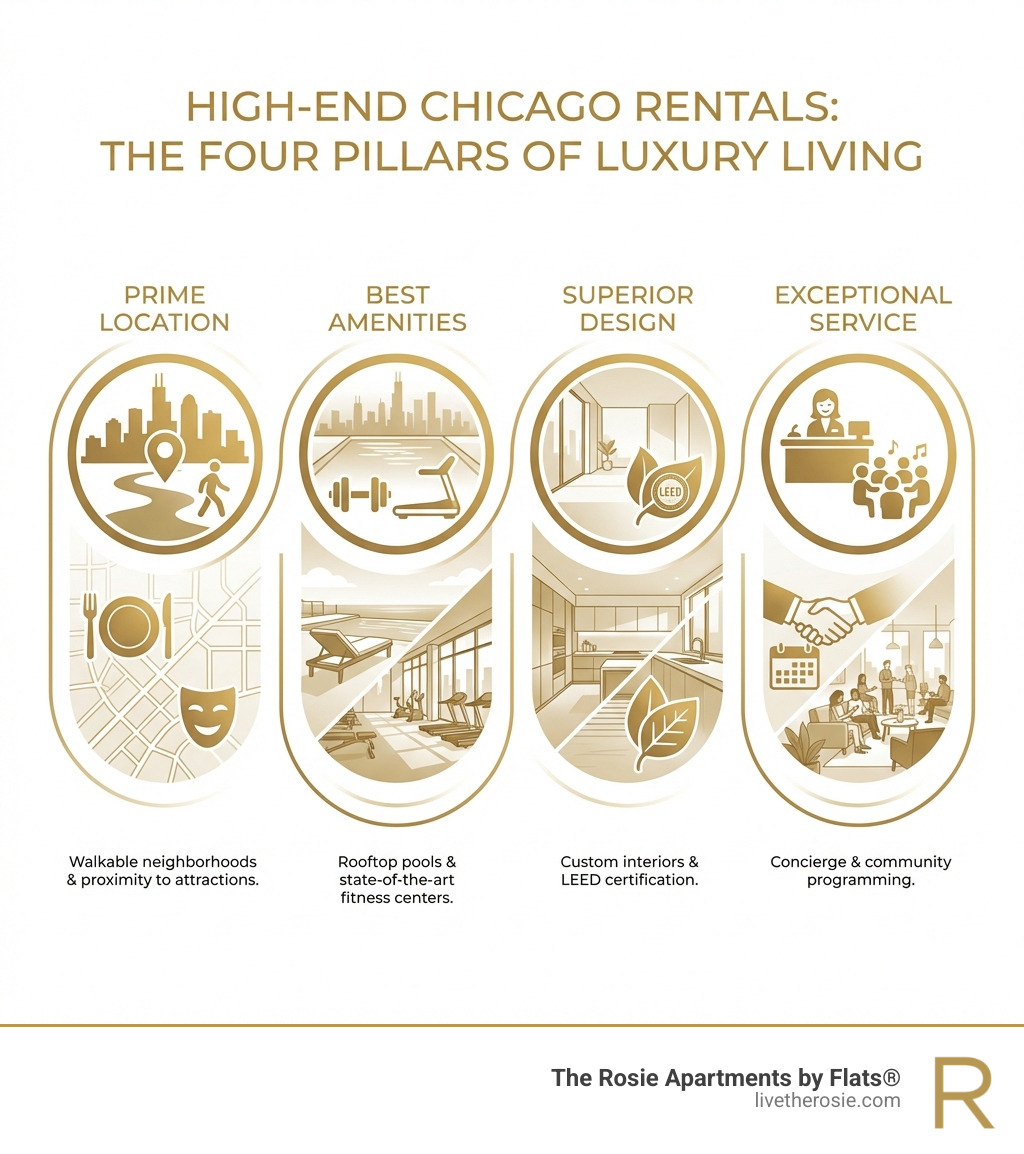 Infographic showing the four pillars of high-end Chicago rentals: Prime Location with walkable neighborhoods and proximity to attractions, Best Amenities including rooftop pools and fitness centers, Superior Design featuring custom interiors and LEED certification, and Exceptional Service with concierge and community programming - High end rentals Chicago infographic 