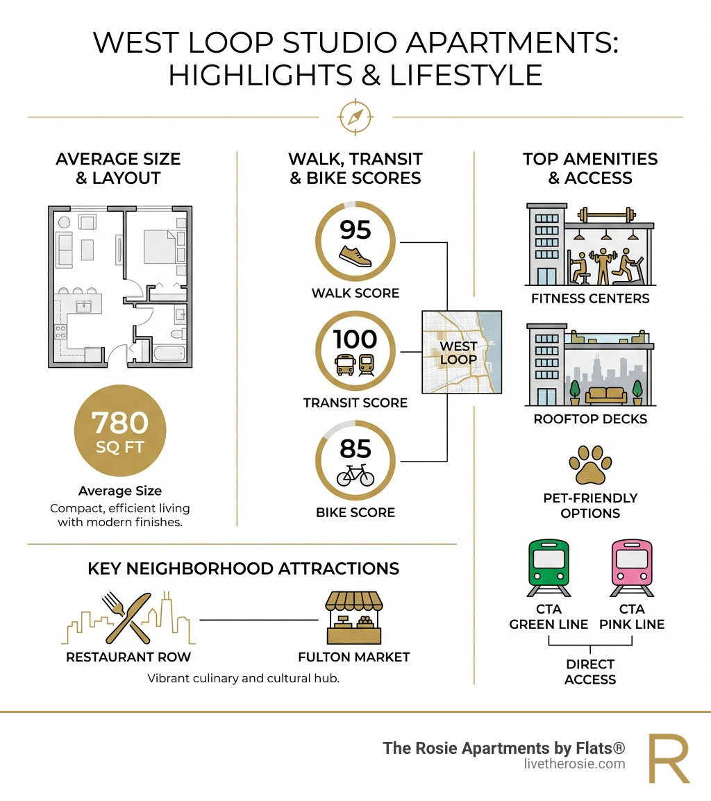 Infographic showing West Loop studio apartment highlights: 780 sq ft average size, Walk Score 95/Transit Score 100/Bike Score 85, top amenities including fitness centers and rooftop decks, key attractions like Restaurant Row and Fulton Market, pet-friendly options available, and direct CTA Green and Pink Line access - Studio apartments West Loop infographic 