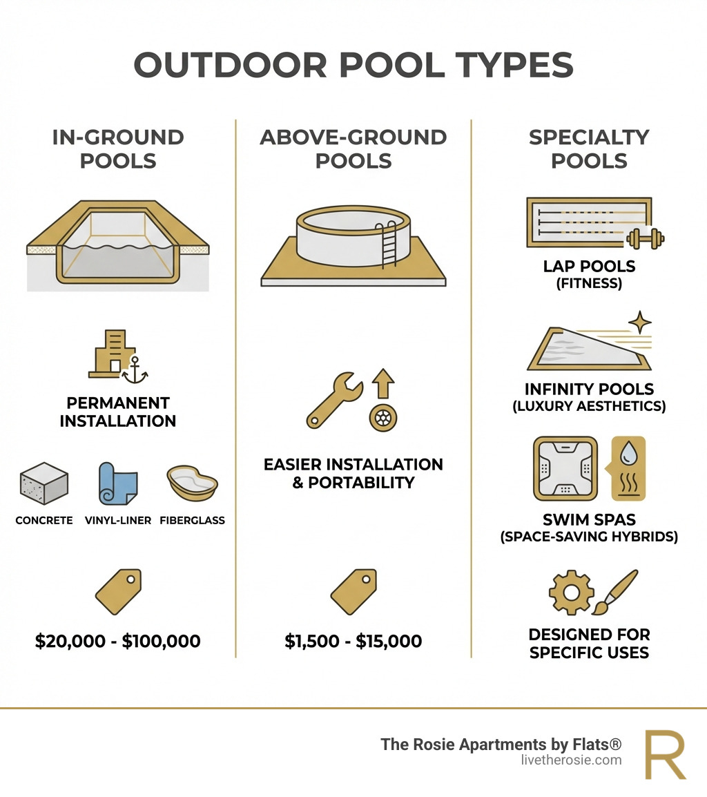 Infographic showing outdoor pool types: In-Ground Pools with three subtypes (concrete, vinyl-liner, fiberglass) ranging from $20,000-$100,000 with permanent installation; Above-Ground Pools ranging from $1,500-$15,000 with easier installation and portability; and Specialty Pools including lap pools for fitness, infinity pools for luxury aesthetics, and swim spas as space-saving hybrids - outdoor pool infographic 