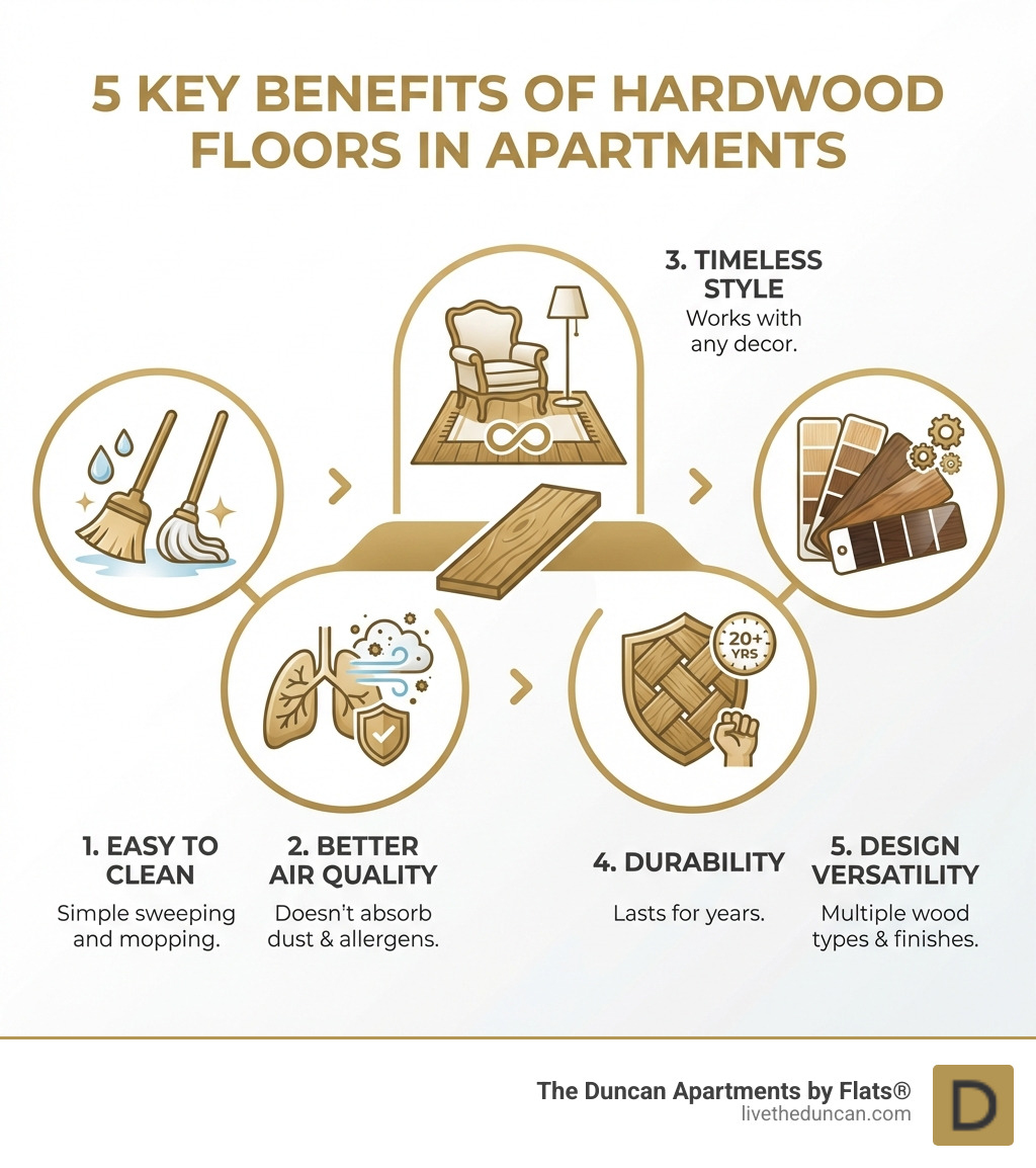 infographic showing five key benefits of hardwood floors in apartments: Easy to Clean with simple sweeping and mopping, Better Air Quality as they don't absorb dust and allergens, Timeless Style that works with any decor, Durability that lasts for years, and Design Versatility with multiple wood types and finishes available - Apartments with hardwood floors infographic infographic showing five key benefits of hardwood floors in apartments: Easy to Clean with simple sweeping and mopping, Better Air Quality as they don't absorb dust and allergens, Timeless Style that works with any decor, Durability that lasts for years, and Design Versatility with multiple wood types and finishes available - Apartments with hardwood floors infographic
