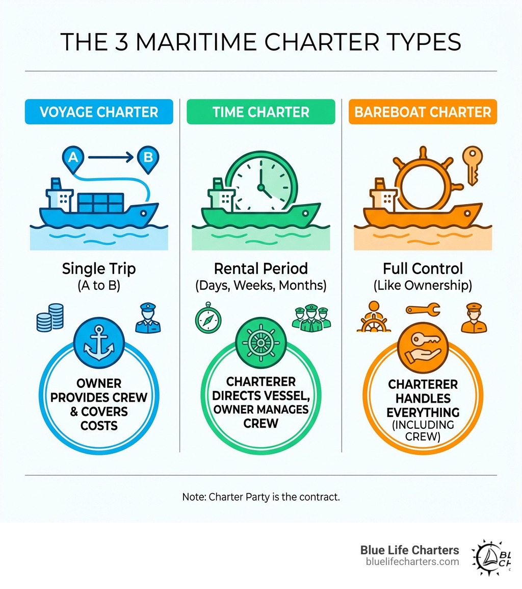 Infographic showing three charter types: Voyage Charter (single trip, owner provides crew and covers costs), Time Charter (rental period, charterer directs vessel, owner manages crew), and Bareboat Charter (full control, charterer handles everything including crew) - what are the 3 types of charter infographic 