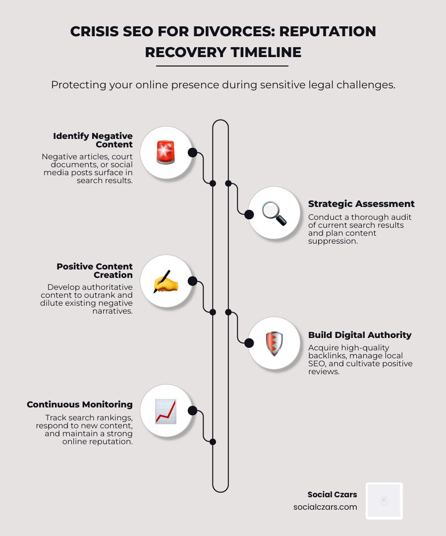 infographic showing crisis SEO timeline from initial negative content to reputation recovery - Crisis SEO for Divorces infographic infographic-line-5-steps-elegant_beige infographic showing crisis SEO timeline from initial negative content to reputation recovery - Crisis SEO for Divorces infographic infographic-line-5-steps-elegant_beige