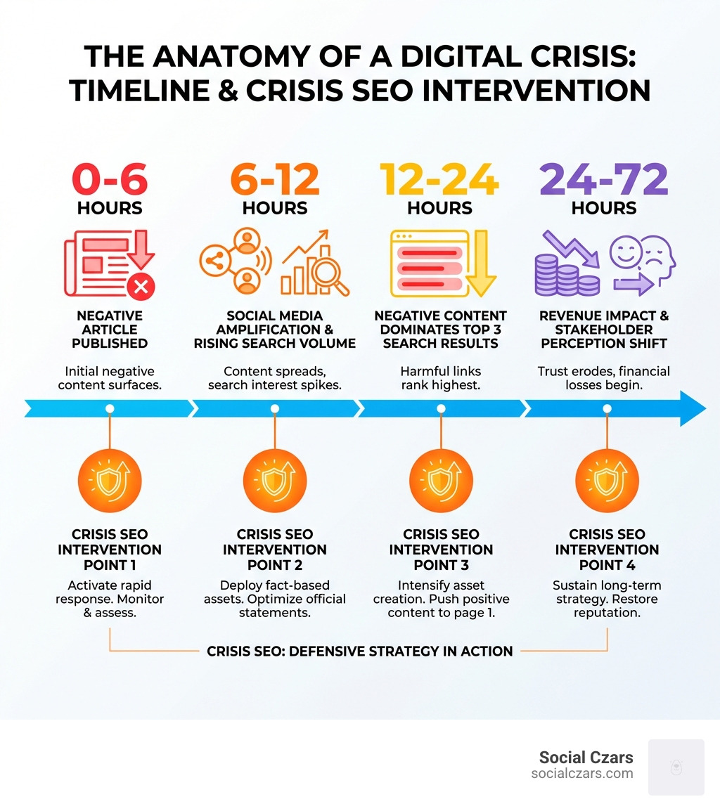 Infographic showing the anatomy of a digital crisis: Timeline from 0-6 hours showing negative article published, 6-12 hours showing social media amplification and rising search volume, 12-24 hours showing negative content dominating top 3 search results, and 24-72 hours showing revenue impact and stakeholder perception shift, with Crisis SEO intervention points marked at each stage - What Is Crisis SEO and Why Is It Crucial for Crisis Communications infographic 