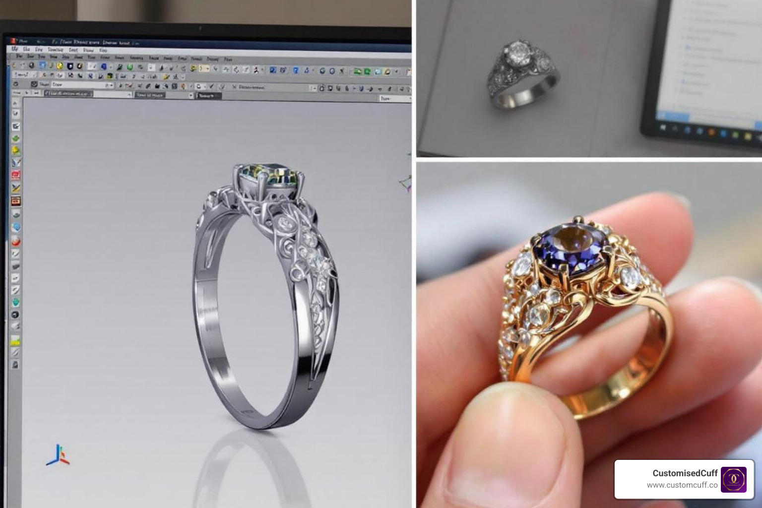 A CAD design for a ring next to the finished product - custom jewelry new york