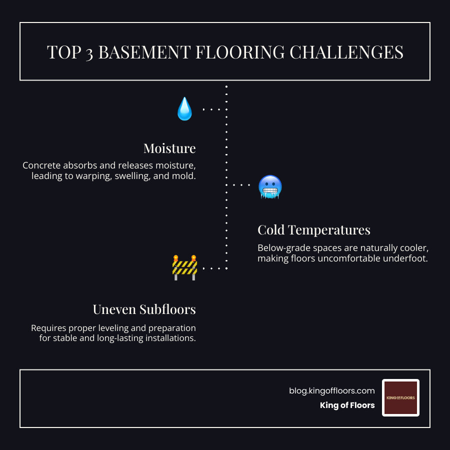 infographic showing basement flooring challenges and solutions - basement flooring options infographic infographic-line-3-steps-dark infographic showing basement flooring challenges and solutions - basement flooring options infographic infographic-line-3-steps-dark